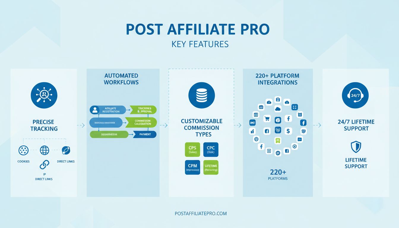 Post Affiliate Pro key features infographic showing tracking methods, automated workflows, commission types, integrations, and support