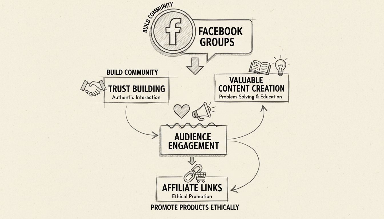 Facebook affiliate marketing strategy diagram showing trust building, content creation, and ethical promotion flow