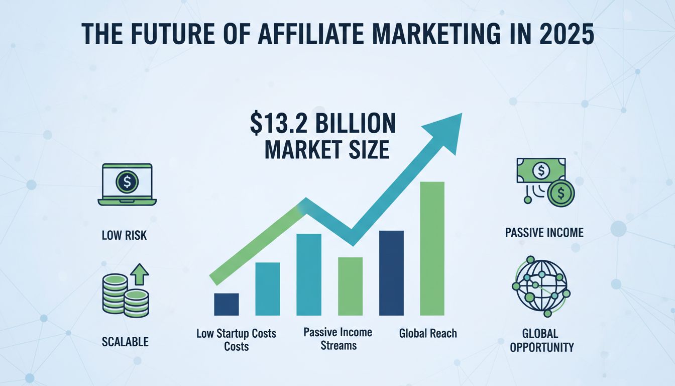 Affiliate marketing growth infographic showing market size, low risk, scalability, and passive income opportunities