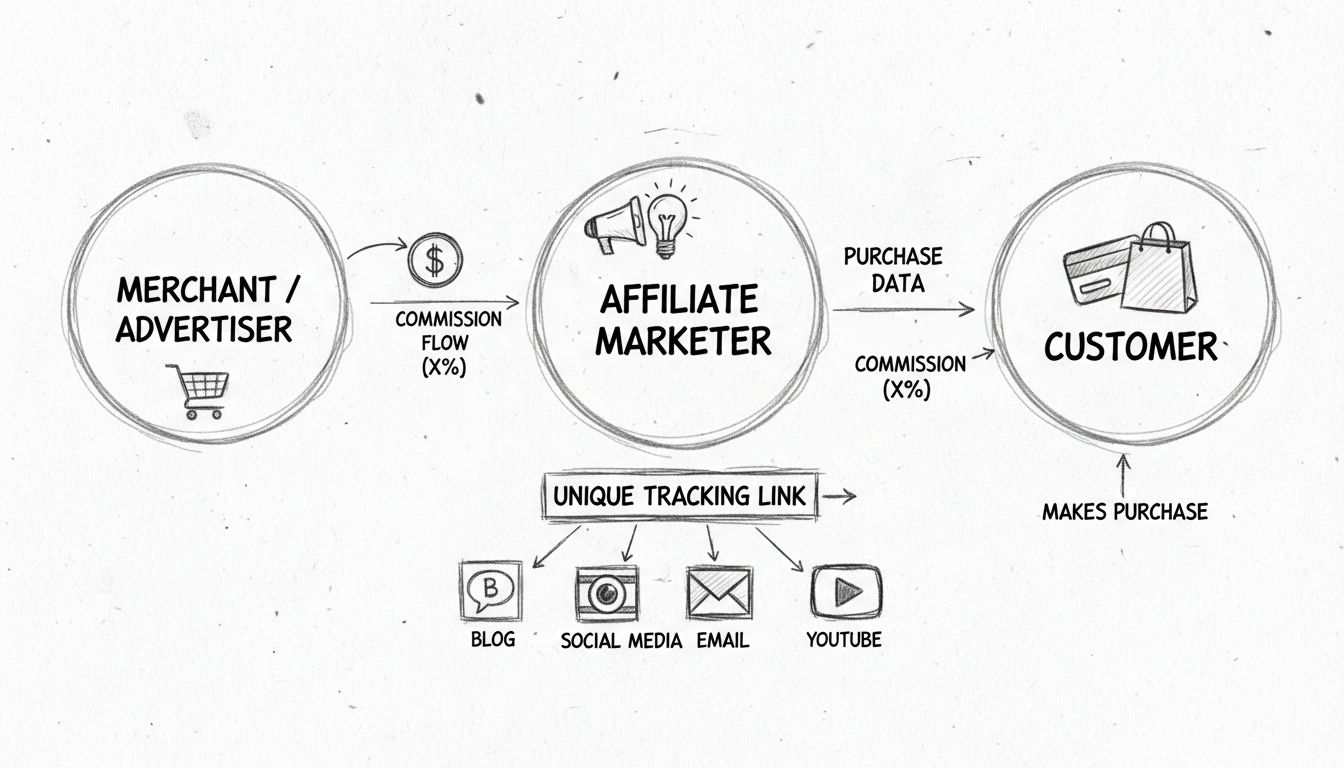 Affiliate marketing ecosystem diagram showing merchant, affiliate marketer with tracking link, and customer purchase flow with commission arrows