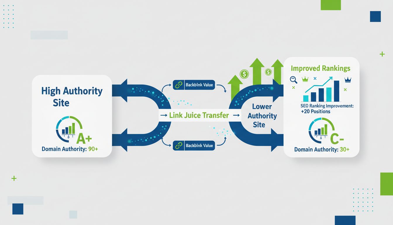 Link juice flow diagram showing authority transfer between high-authority and lower-authority websites through hyperlinks
