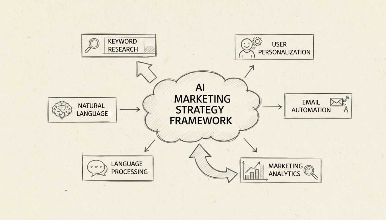 AI marketing strategy framework showing keyword research, personalization, analytics, email automation, and NLP components