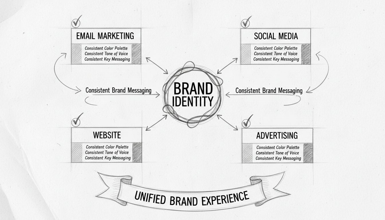 Consistent brand messaging across multiple marketing channels diagram showing central brand identity connected to email, social media, website, advertising, and customer service touchpoints