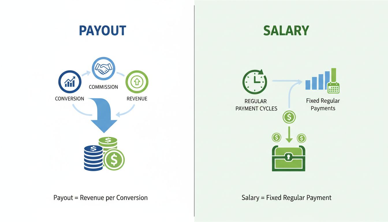 Comparison infographic showing the difference between payout and salary in affiliate marketing