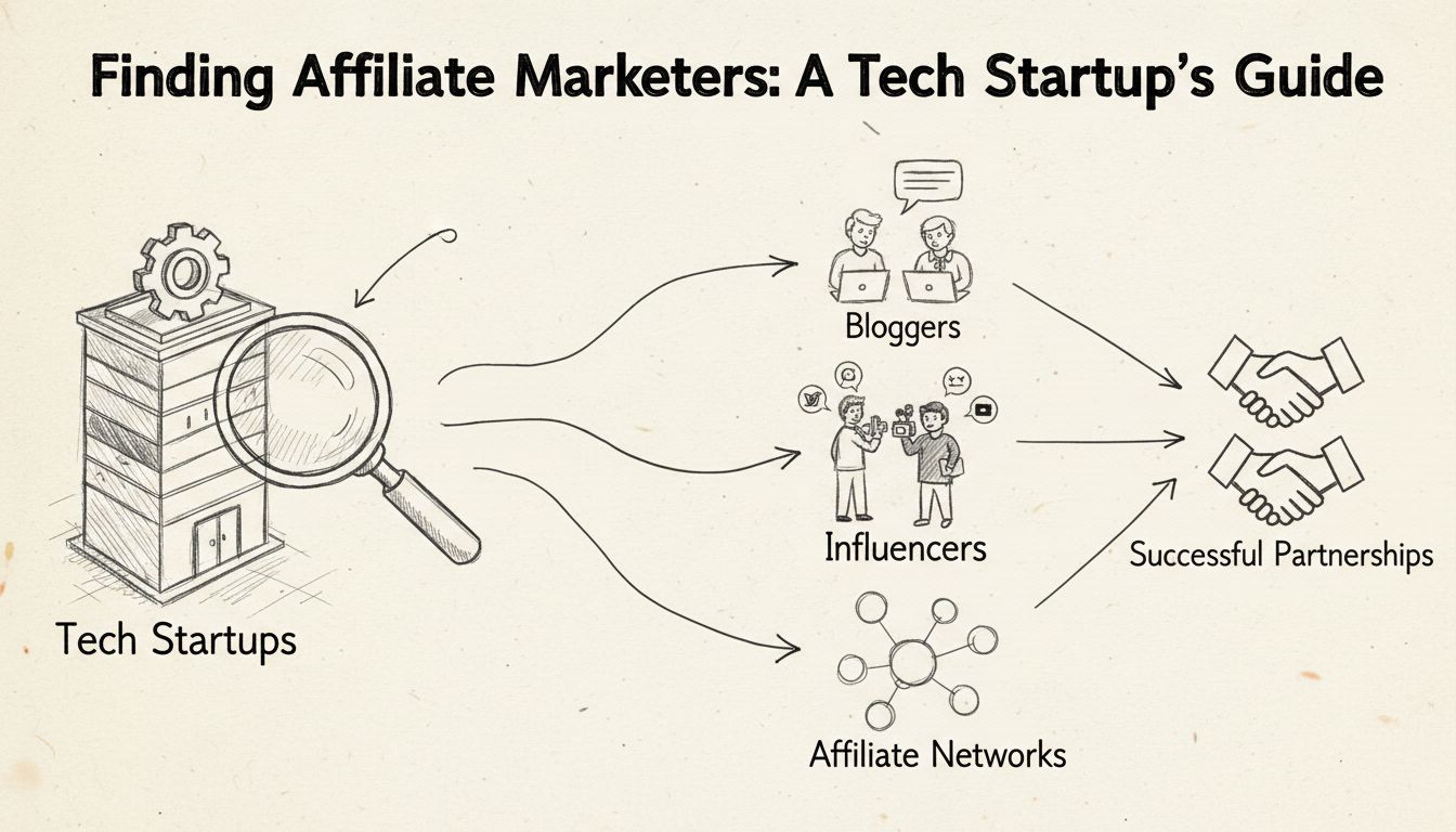 Hand-drawn diagram showing tech startup pathways to finding affiliate marketers through bloggers, influencers, and affiliate networks