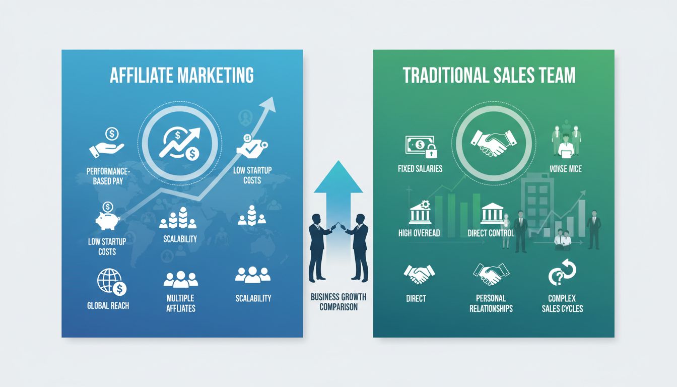 Comparison infographic of affiliate marketing vs hiring salespeople showing cost differences, scalability, and key advantages of each approach