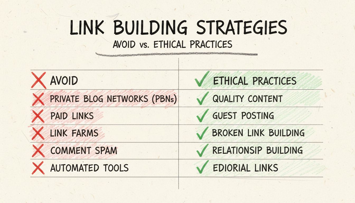 Comparison of link building strategies to avoid versus ethical practices with red X marks and green checkmarks