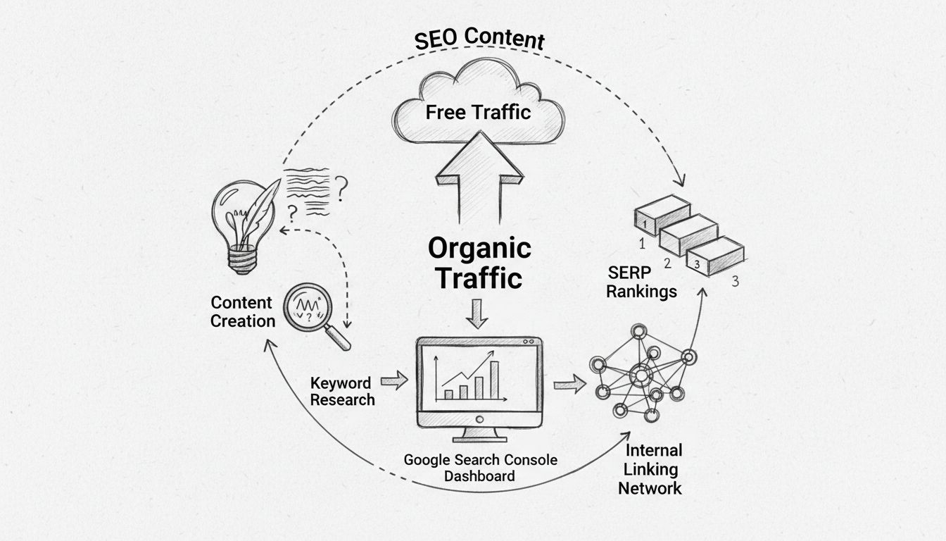 SEO content strategy diagram showing organic traffic flow, keyword research, SERP rankings, and internal linking network