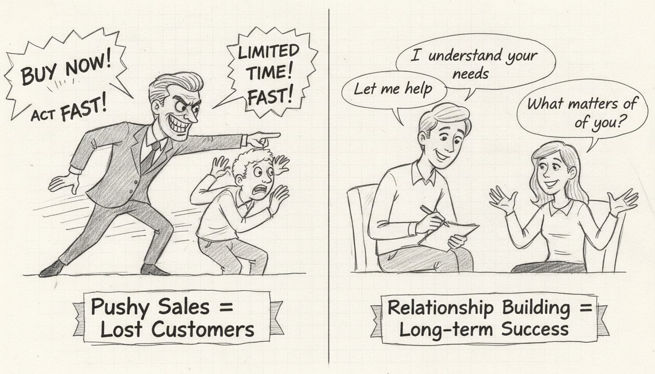 Comparison of pushy sales tactics versus relationship-based selling approach