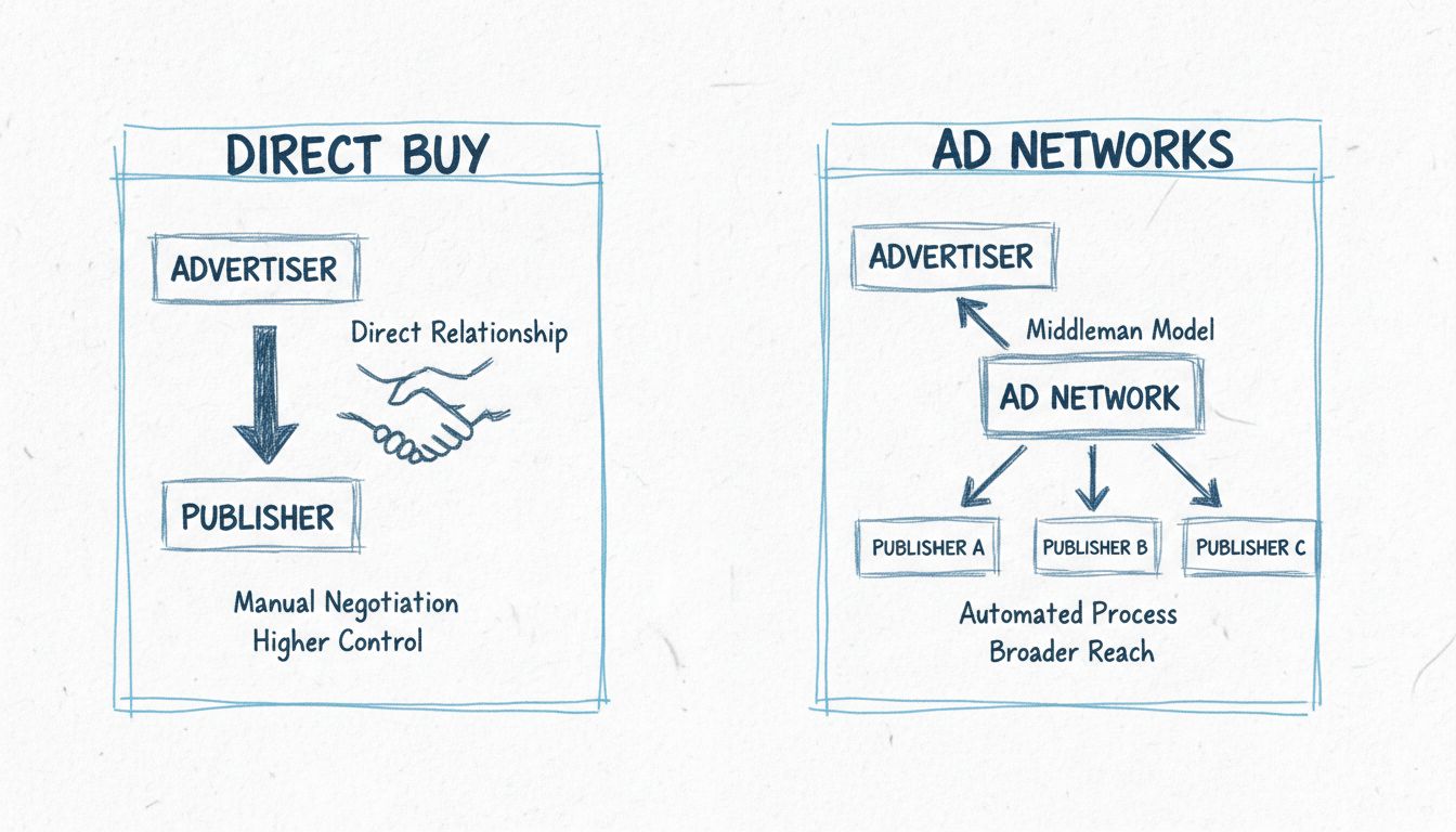 Comparison diagram showing Direct Buy vs Ad Networks models with direct relationship on left and middleman model on right