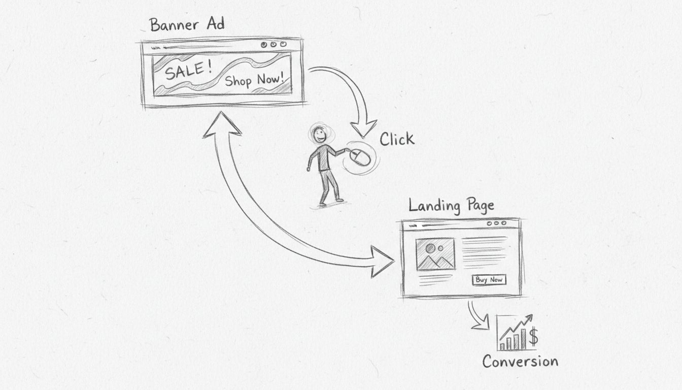 Hand-drawn diagram showing banner advertising workflow from ad placement to landing page conversion