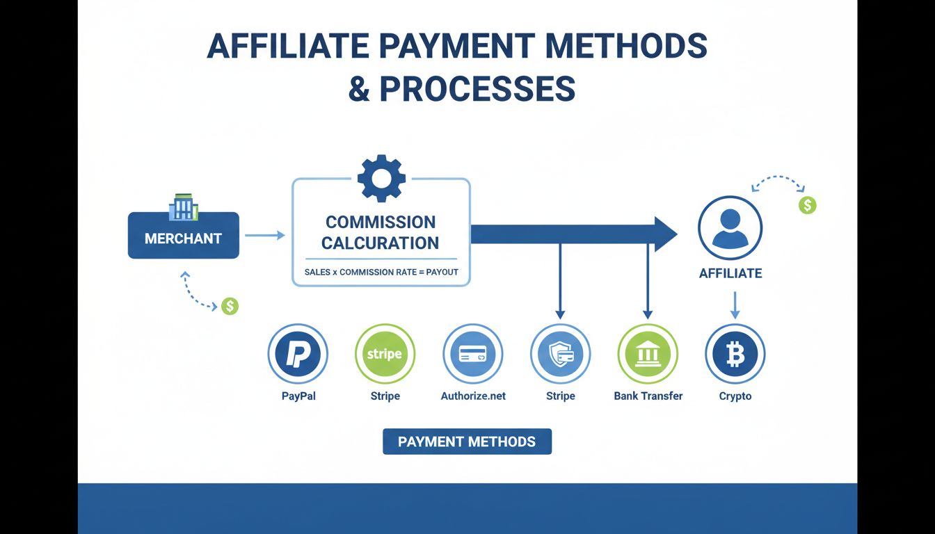 Affiliate payment methods infographic showing PayPal, Stripe, Authorize.net, Bank Transfer, and Cryptocurrency options with commission flow diagram