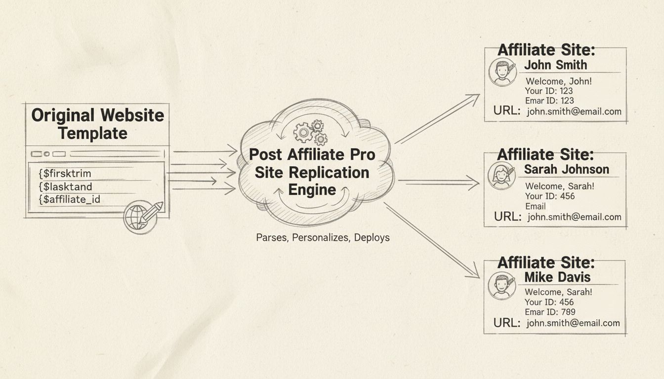 Site replication workflow diagram showing template variables being personalized for multiple affiliates