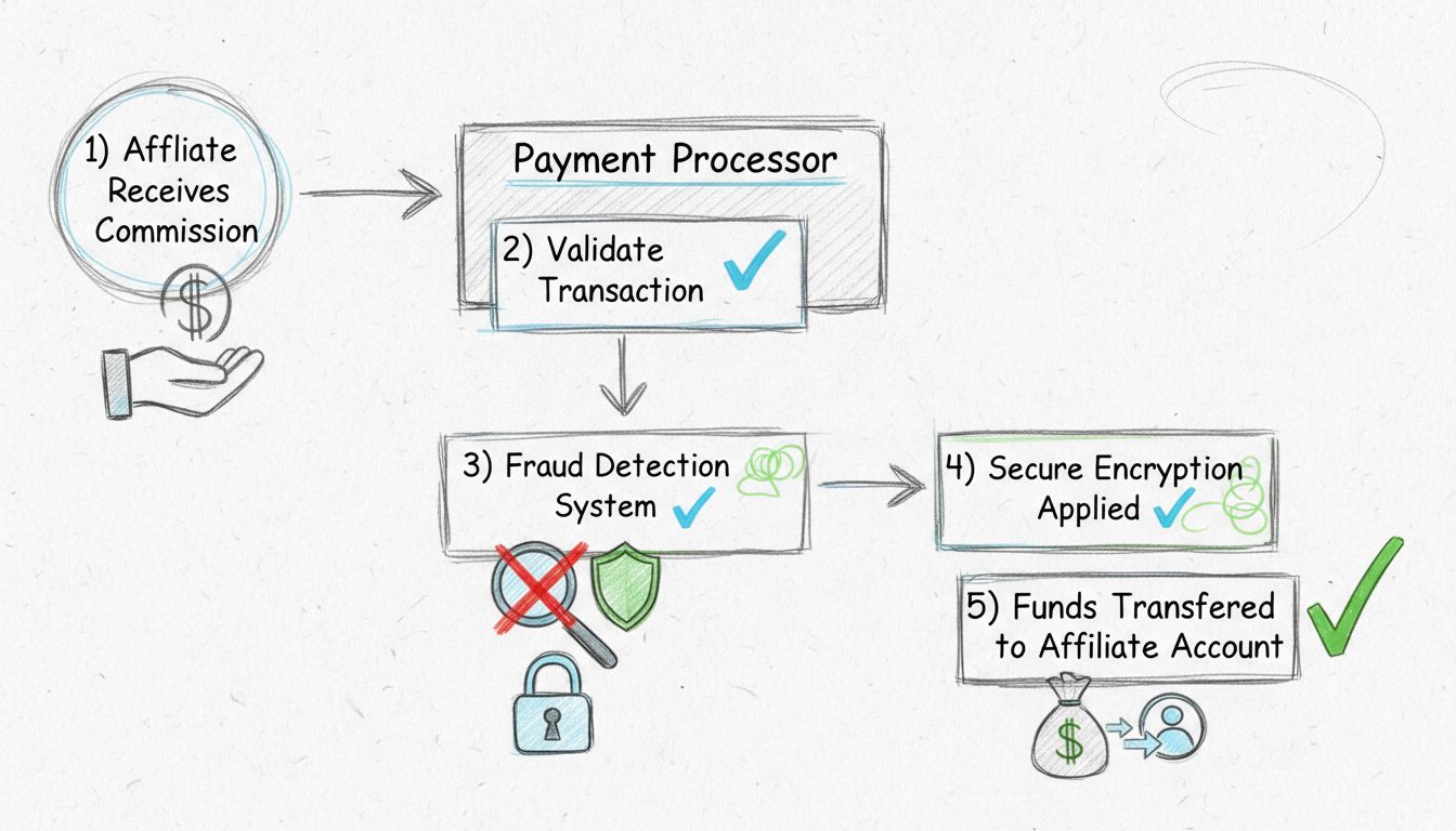 Payment processor workflow diagram showing affiliate commission validation, fraud detection, encryption, and fund transfer process
