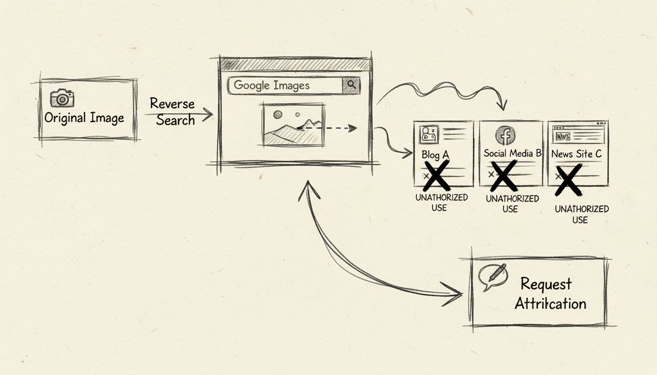 Reverse image search process diagram showing how to find uncredited images across multiple websites