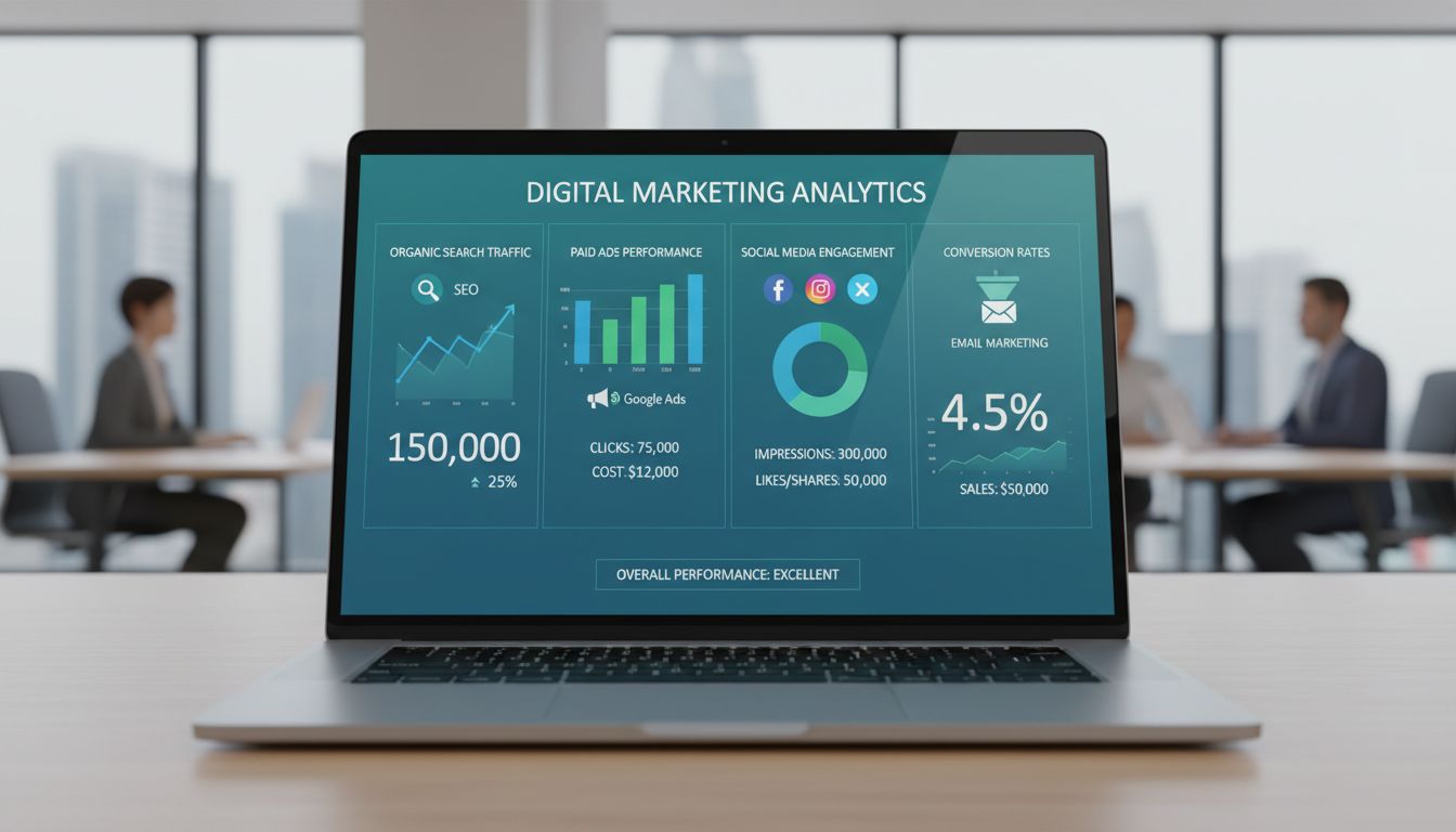 Digital marketing dashboard showing website traffic analytics with charts and metrics for SEO, paid ads, social media, and email marketing performance
