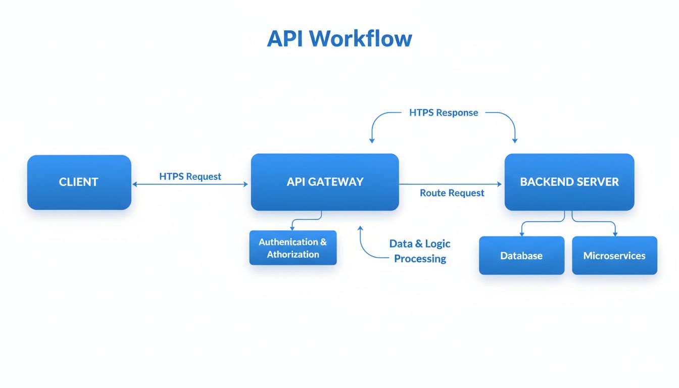 API workflow diagram showing client application sending request to API gateway which routes to backend server and returns response