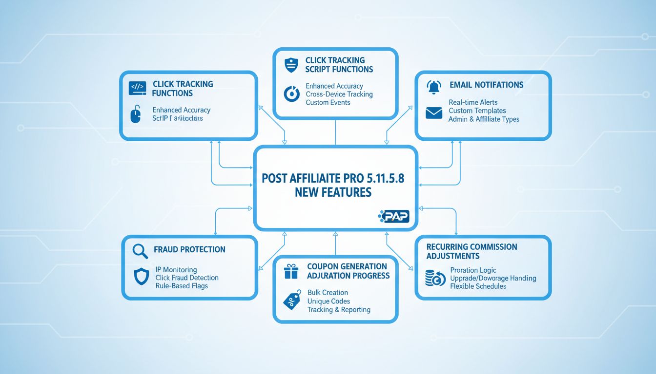 Post Affiliate Pro 5.11.5.8 new features diagram showing click tracking, email notifications, fraud protection, recurring commissions, and coupon generation