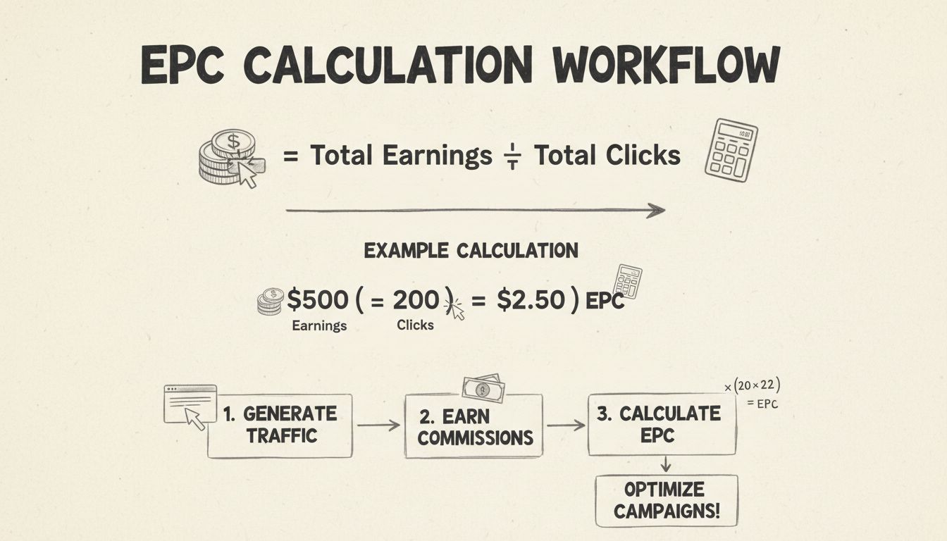 Hand-drawn diagram showing EPC calculation formula with example: $500 earnings divided by 200 clicks equals $2.50 EPC