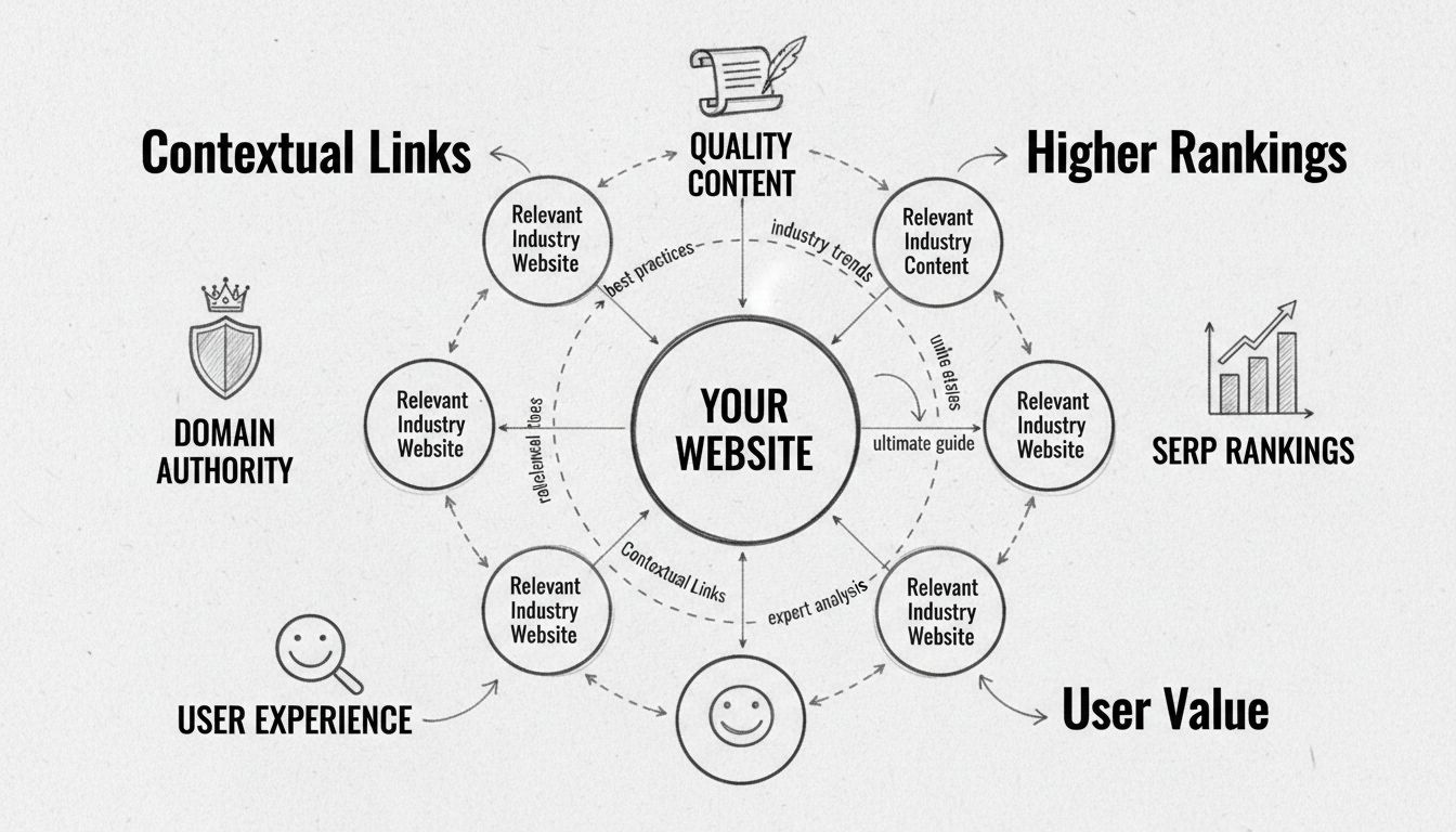 Contextual link building strategy diagram showing website connections and relevance indicators