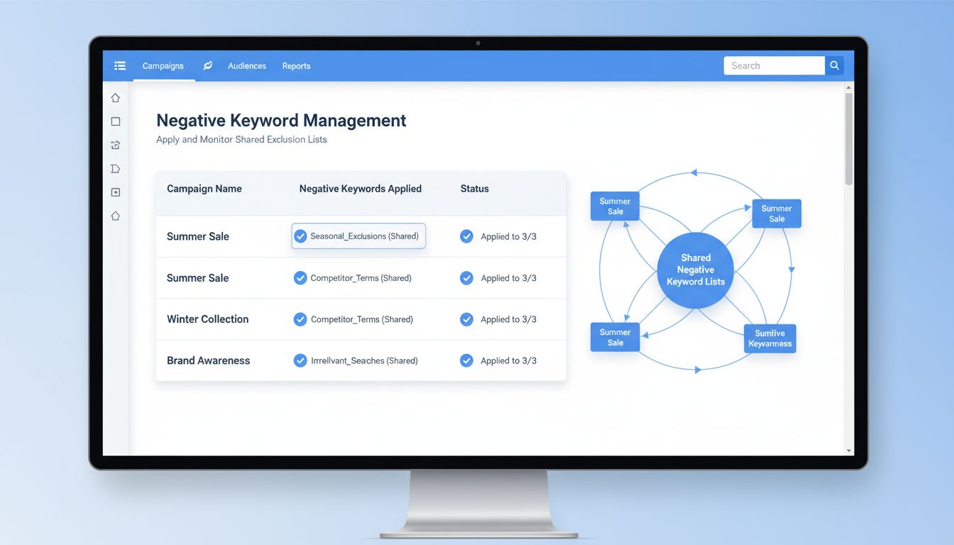 Dashboard showing negative keyword management interface with multiple campaigns and shared negative keyword lists being applied simultaneously