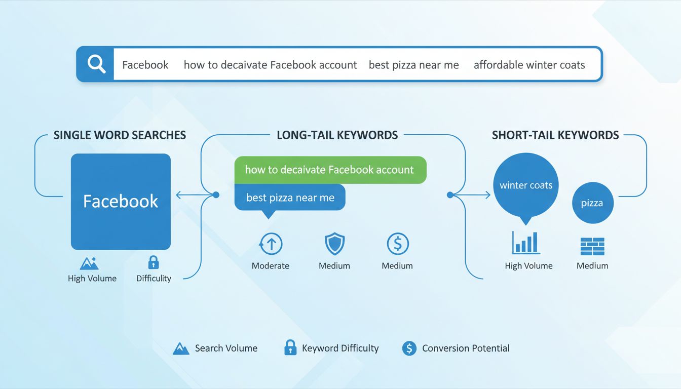 Search terms and keywords infographic showing different types of search queries and their characteristics