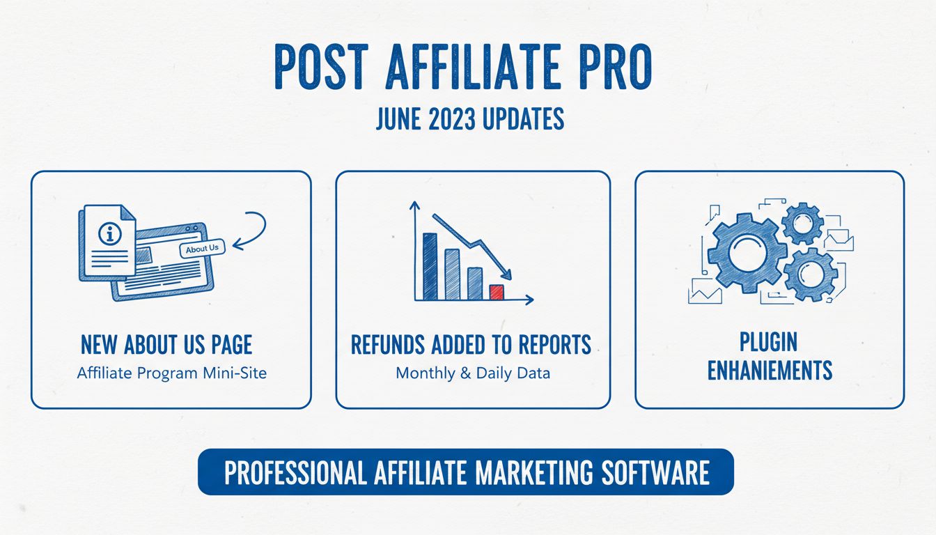 Post Affiliate Pro June 2023 updates infographic showing About Us page, refunds in reports, and plugin enhancements