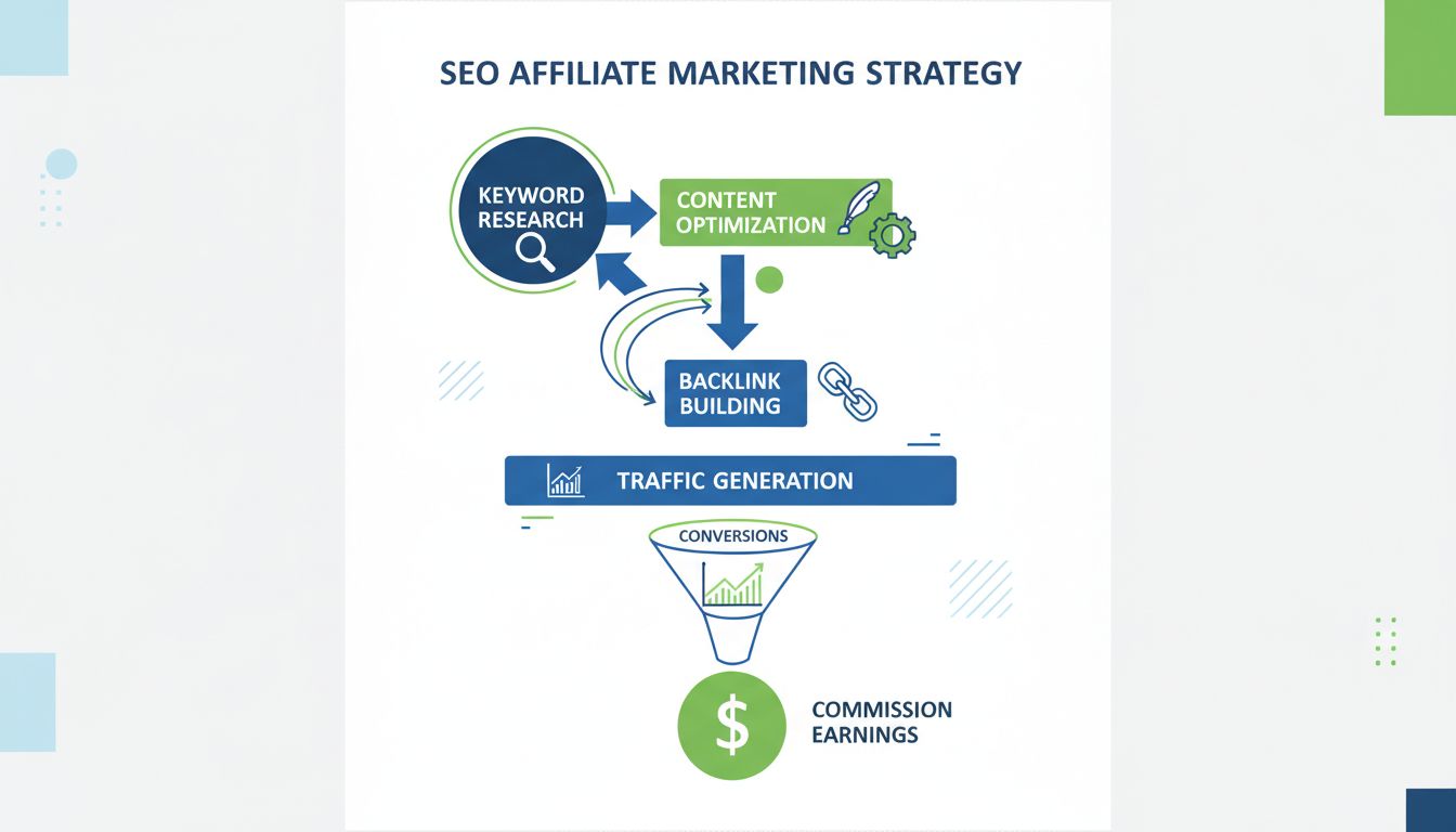 SEO Affiliate Marketing Strategy Infographic showing keyword research, content optimization, backlink building, traffic generation and commission earnings workflow