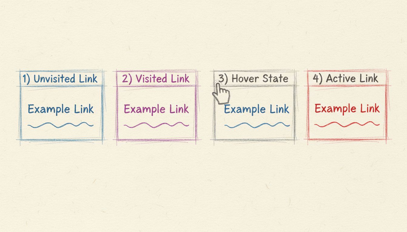 Hand-drawn diagram showing four hyperlink display states: unvisited blue underlined, visited purple underlined, hover state with hand cursor, and active red underlined text