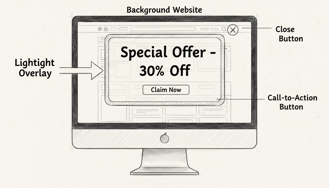 Hand-drawn diagram showing lightbox banner structure with overlay, call-to-action button, close button, and background website elements