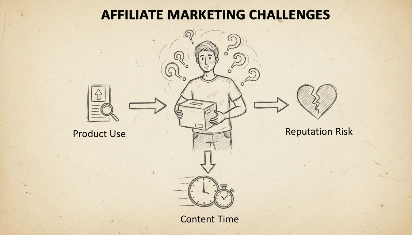 Hand-drawn diagram showing affiliate marketing challenges including product use requirements, reputation risks, and content creation time pressures