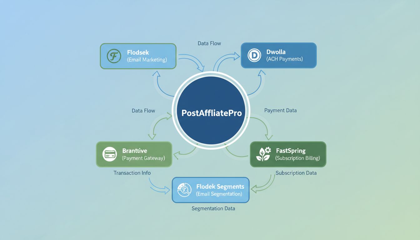 PostAffiliatePro integration ecosystem showing Flodesk, Dwolla, Braintree, FastSpring, and Flodesk Segments connected to central platform