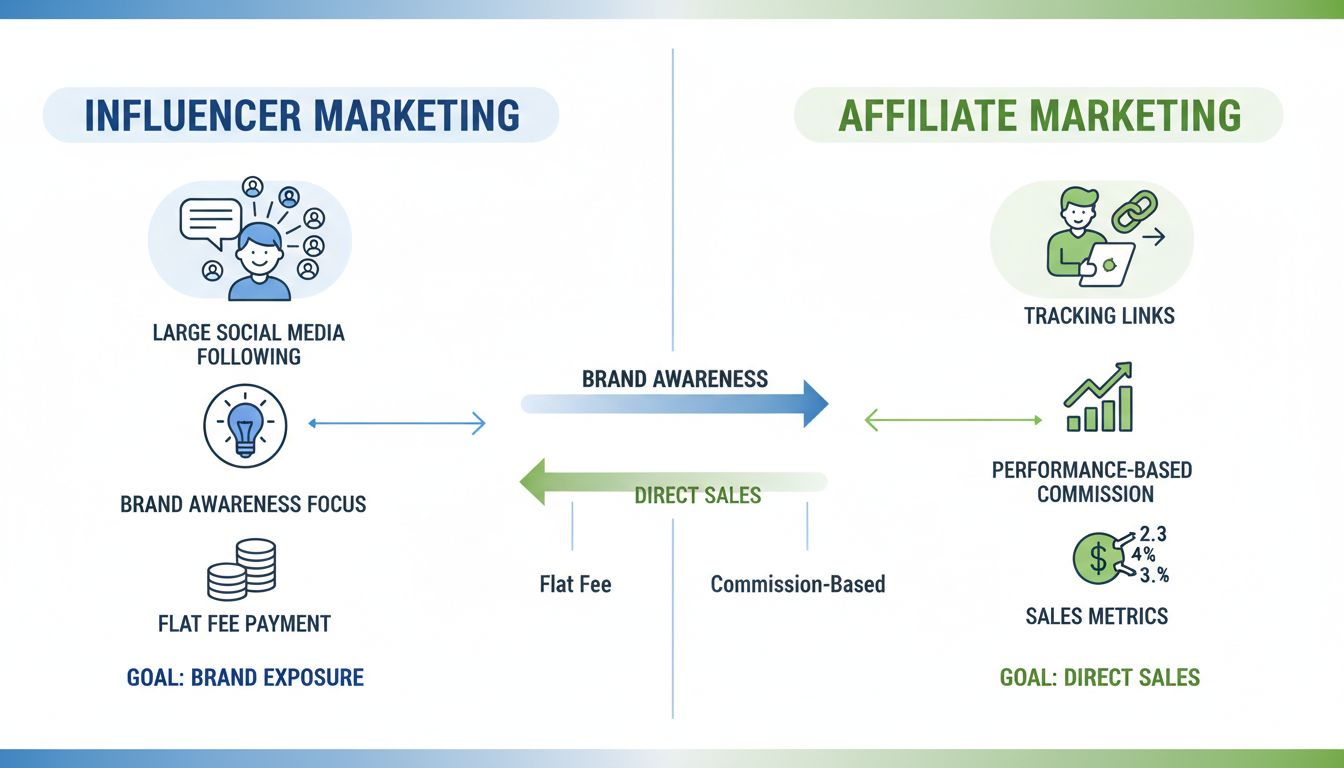 Comparison diagram showing Influencer Marketing vs Affiliate Marketing with key differences in objectives, payment models, and metrics