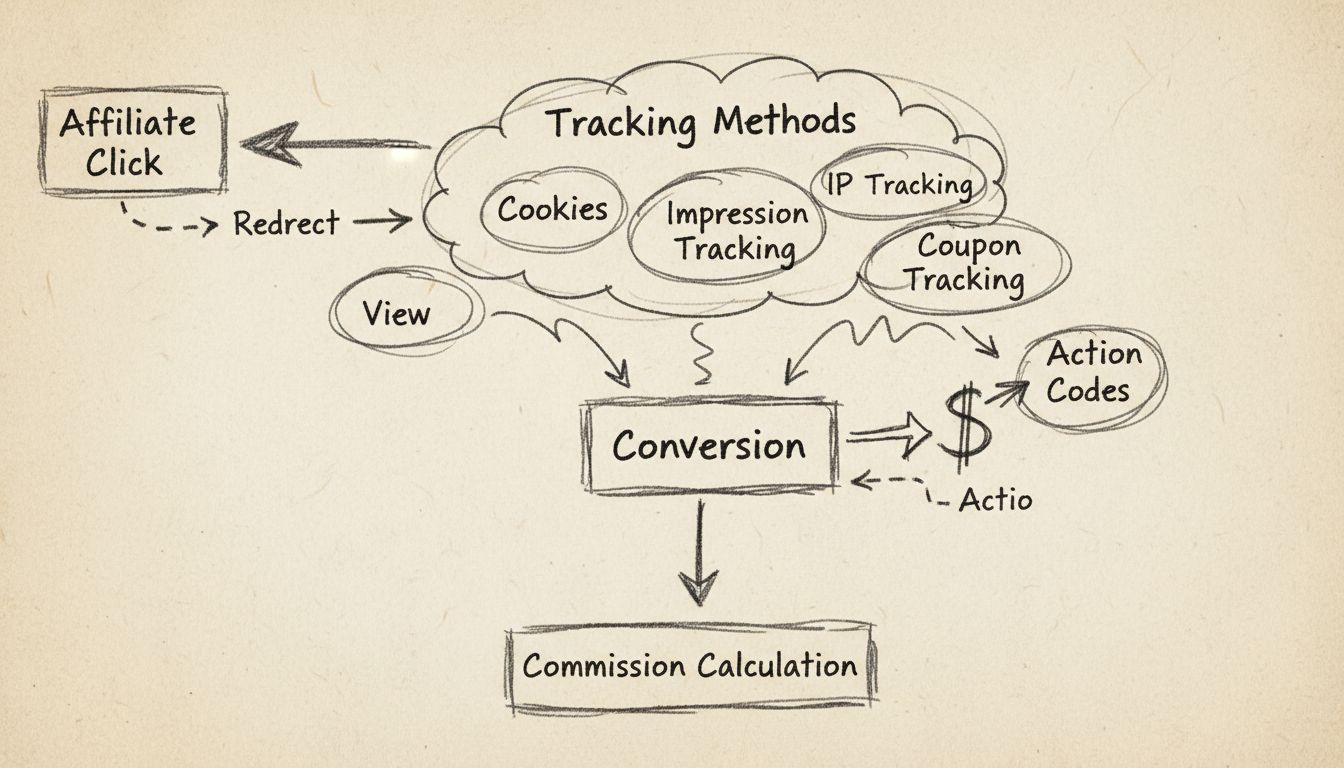 Affiliate tracking methods flowchart showing cookies, IP tracking, impression tracking, coupon codes, and action tracking flow from affiliate click through conversion to commission calculation