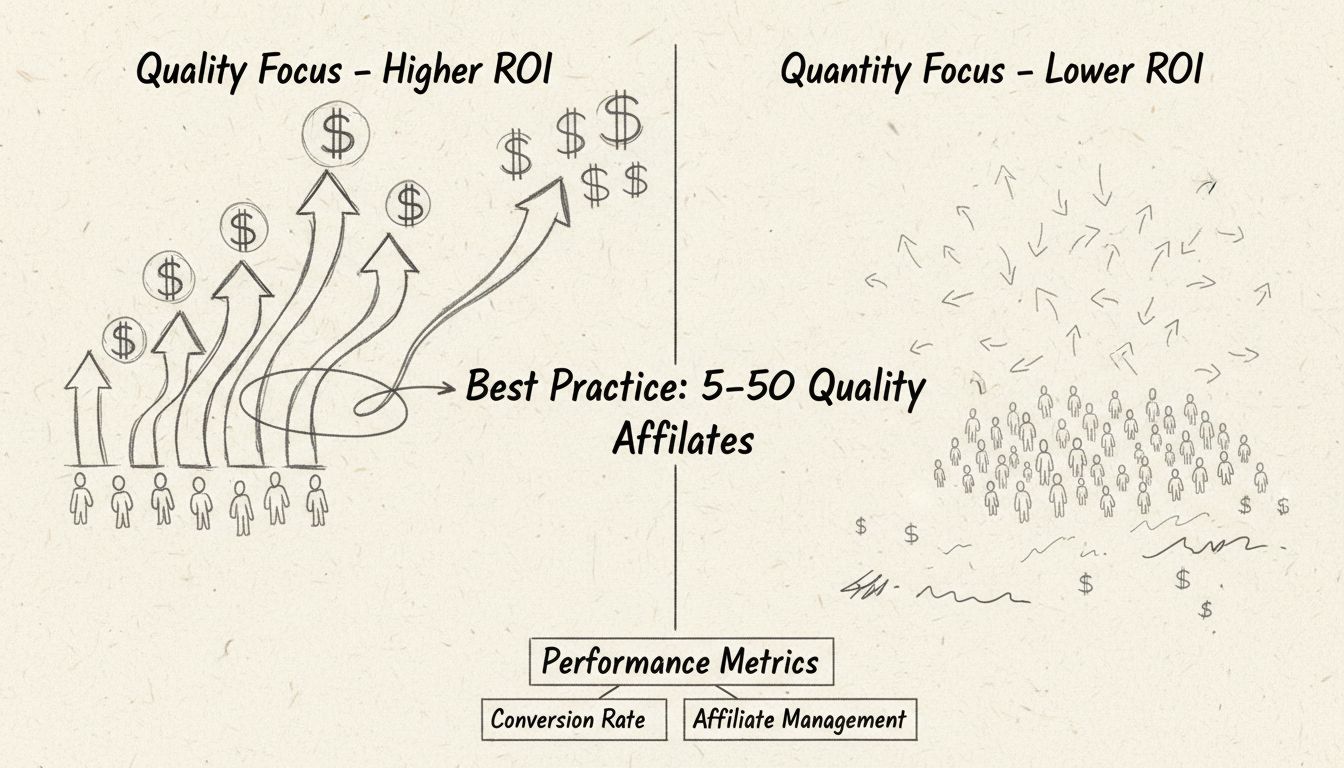 Quality vs Quantity comparison diagram showing 5 high-performing affiliates generating higher ROI versus 50 low-performing affiliates with minimal returns