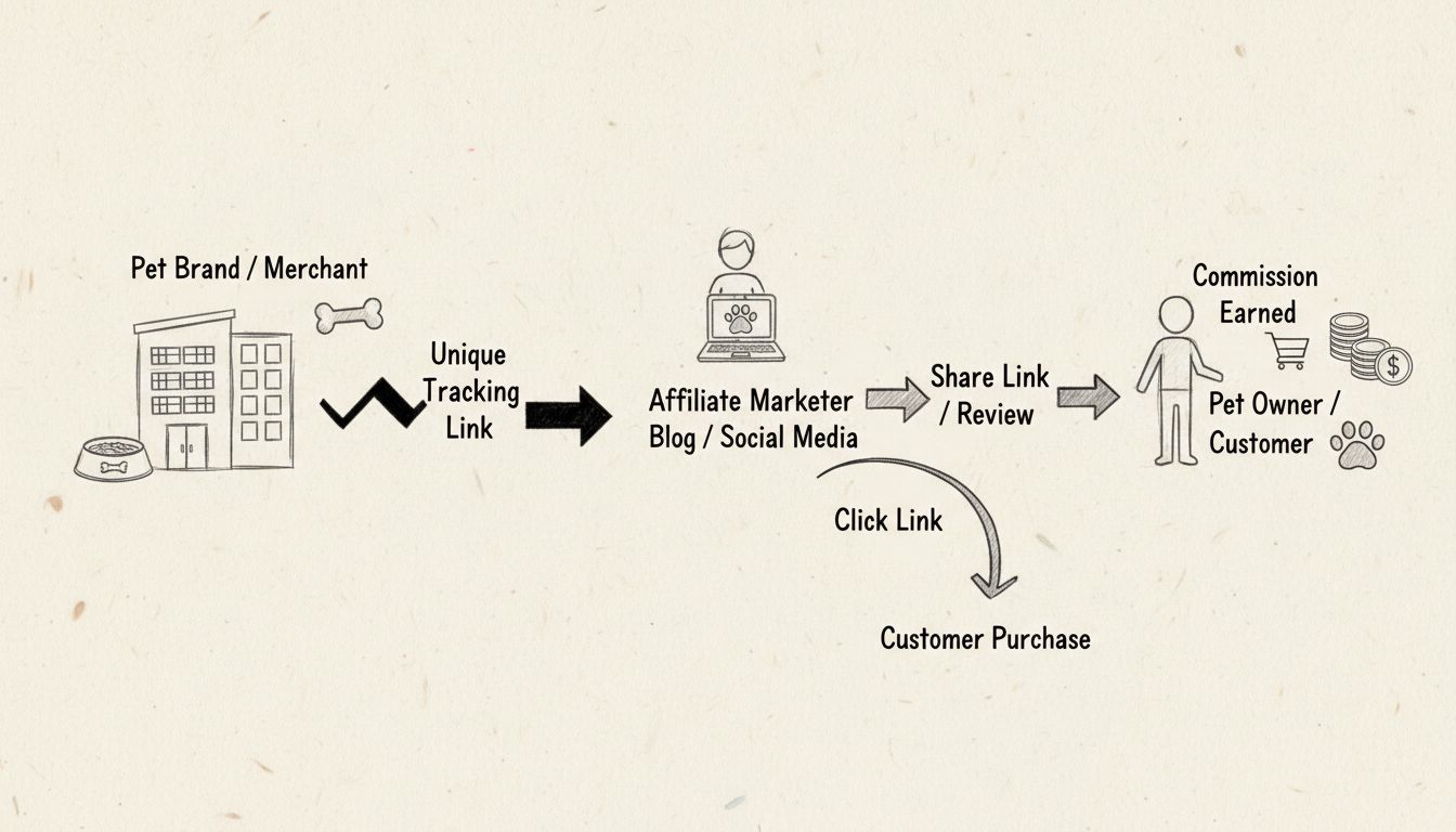 Hand-drawn diagram showing how pet affiliate programs work with pet brand, affiliate marketer, and customer flow