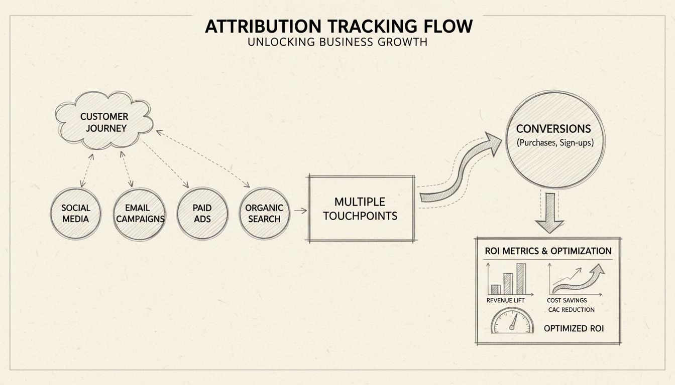 Attribution tracking flow diagram showing customer journey through multiple touchpoints including social media, email, paid ads, and organic search connecting to conversions and ROI metrics