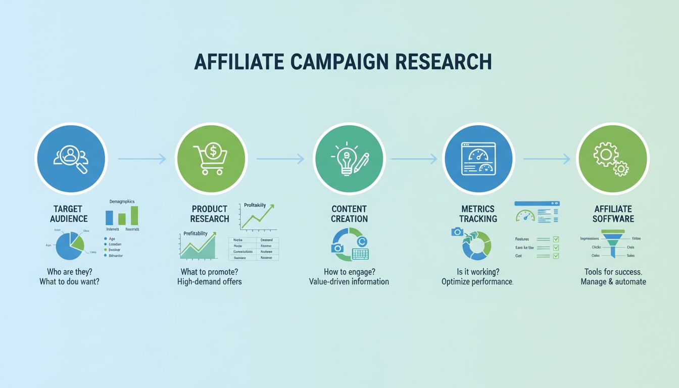 Infographic showing 5 key research areas for affiliate campaigns: target audience analysis, product research, content creation, metrics tracking, and affiliate software selection