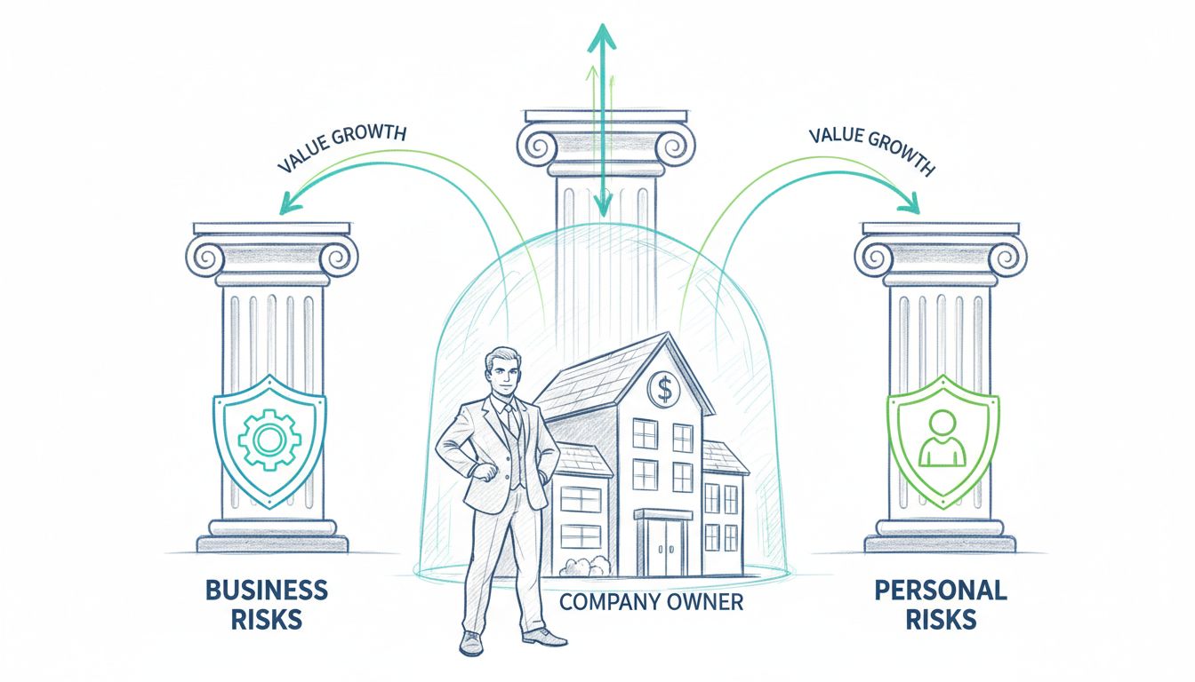 Business protection framework showing three pillars: Business Risks, Financial Risks, and Personal Risks with shield icons and upward growth arrows