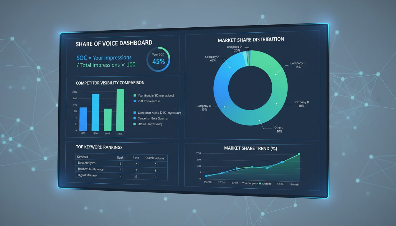 SOC calculation dashboard showing market share metrics, competitor analysis charts, and share of voice formula