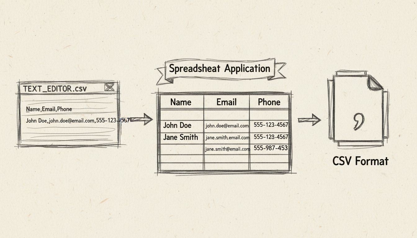 CSV file editing methods diagram showing text editor, spreadsheet application, and CSV format