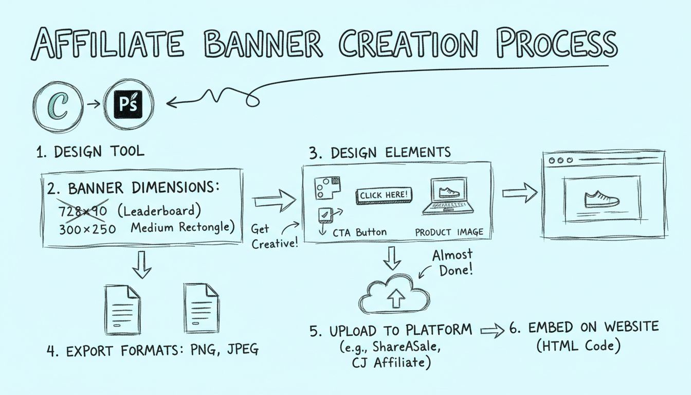 Step-by-step process of creating an affiliate banner from design tools to website embedding
