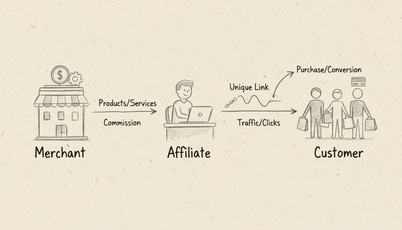 Hand-drawn diagram showing how affiliate programs work with merchant, affiliate, unique tracking link, and customer flow