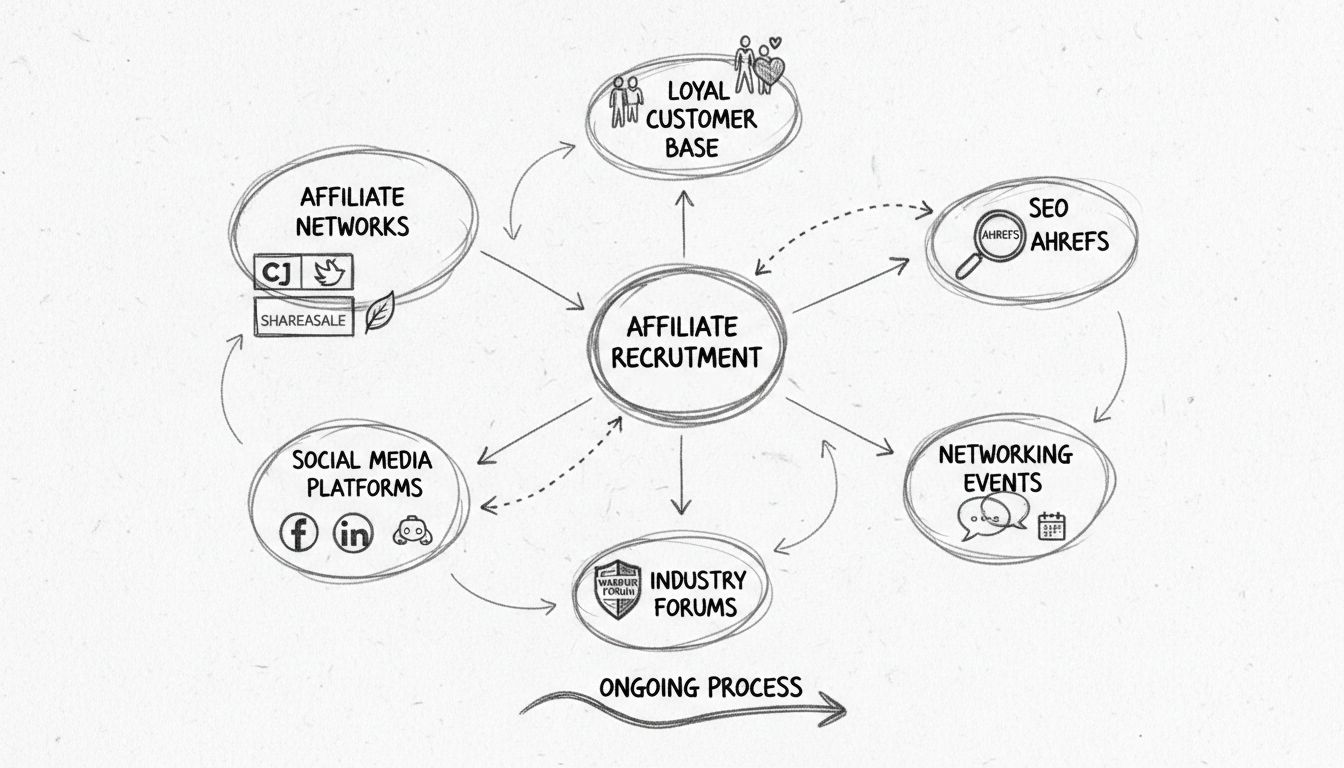 Infographic showing multiple channels to find affiliate marketers including affiliate networks, social media, forums, and SEO tools