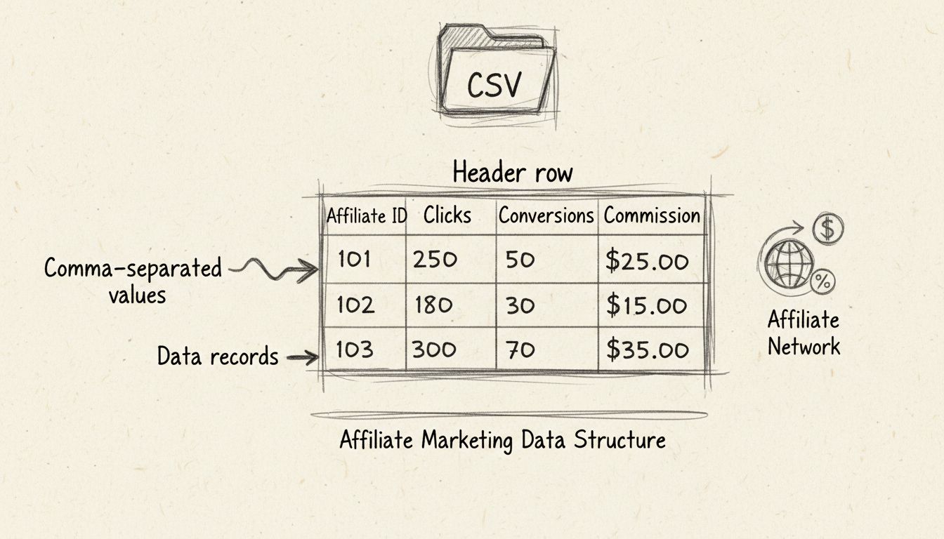 Hand-drawn diagram showing CSV file structure with headers, data records, and comma-separated values for affiliate marketing
