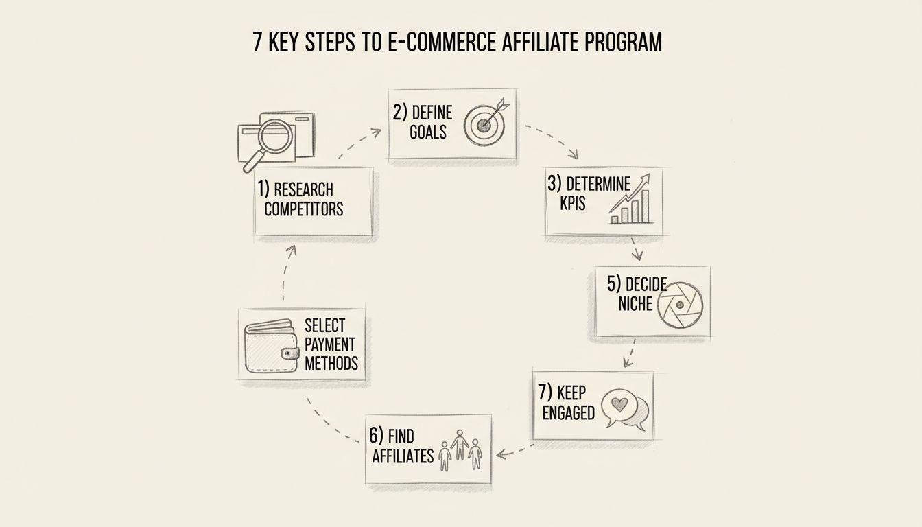 Seven key steps to building an e-commerce affiliate program: research competitors, define goals, determine KPIs, select payment methods, decide niche, find affiliates, and keep engaged