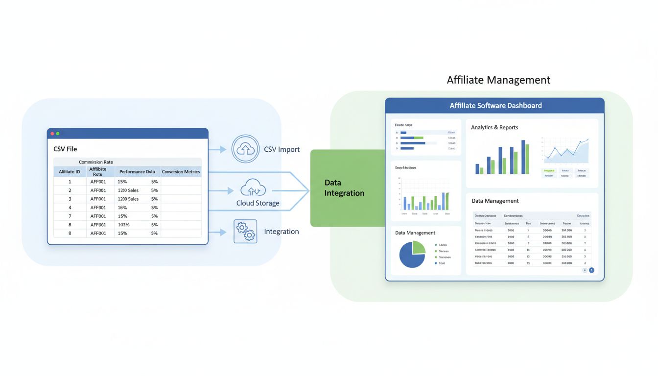 CSV file integration with affiliate software showing data import and dashboard analytics