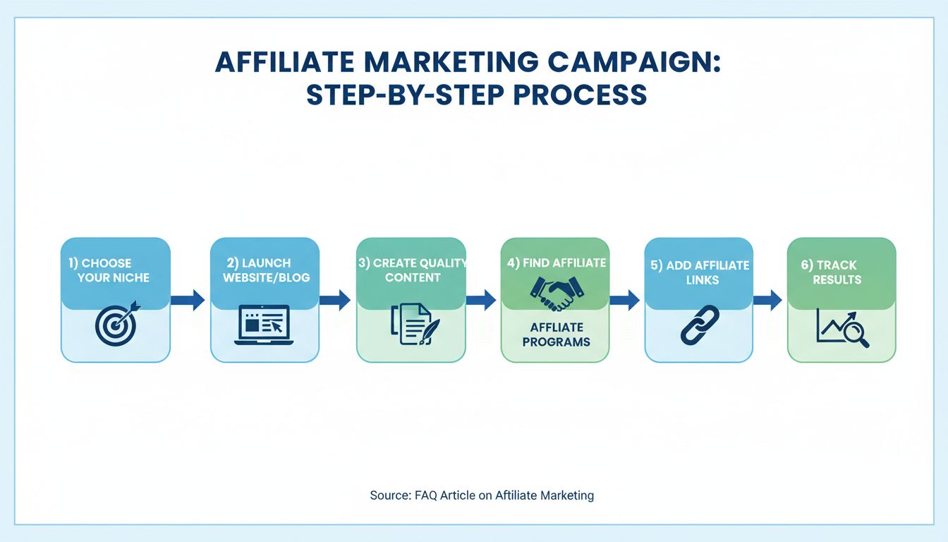 Step-by-step process of starting an affiliate marketing campaign showing 6 main steps: Choose Your Niche, Launch Website/Blog, Create Quality Content, Find Affiliate Programs, Add Affiliate Links, and Track Results