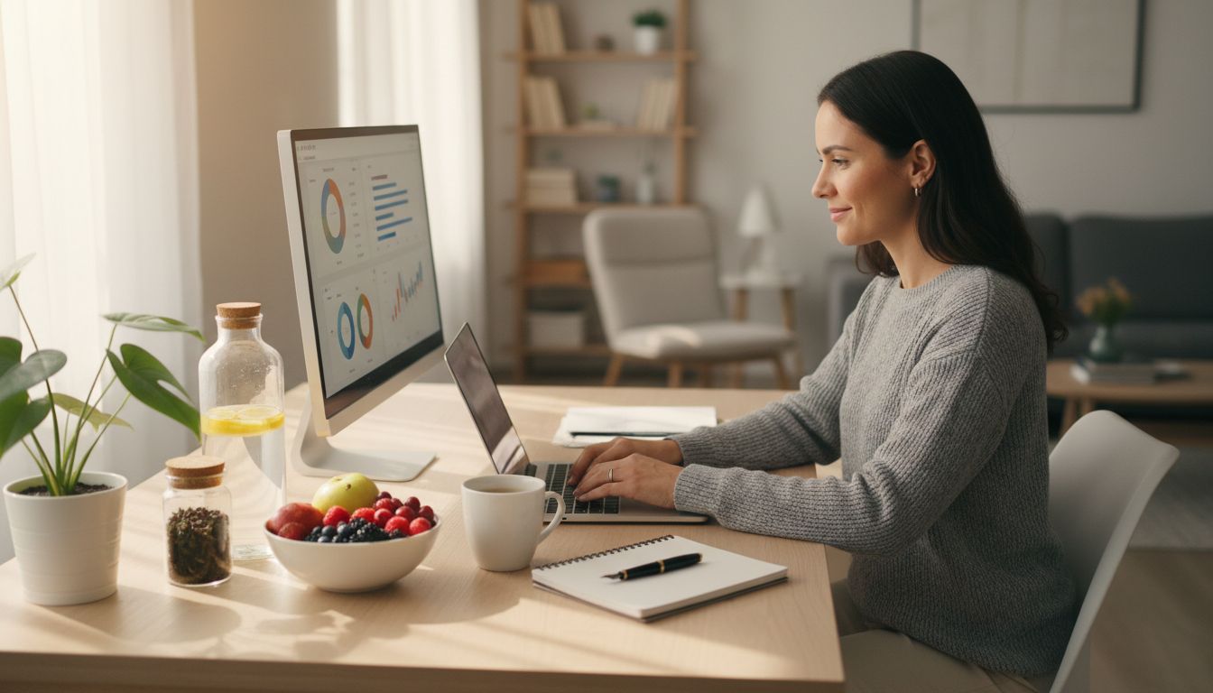 Productive affiliate marketer at home office with healthy lifestyle elements including water bottle, fresh fruits, and organized workspace