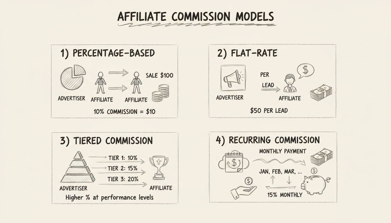 Hand-drawn diagram showing four main affiliate commission models: percentage-based, flat-rate, tiered, and recurring commissions with clear labels and money flow arrows